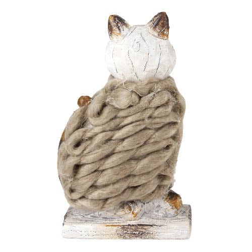 Holzoptik Katze mit Wolle, 15 cm.
