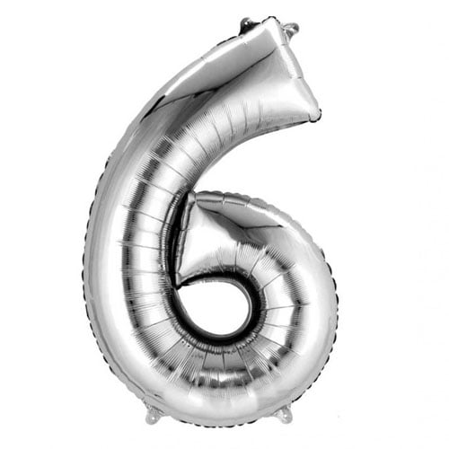 Folien Zahlenluftballon 6 in Silber, ohne Helium verwendbar.