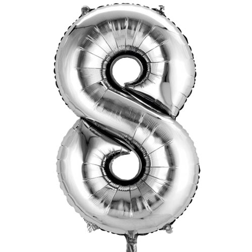 Folien Zahlenluftballon 8 in Silber, ohne Helium verwendbar.