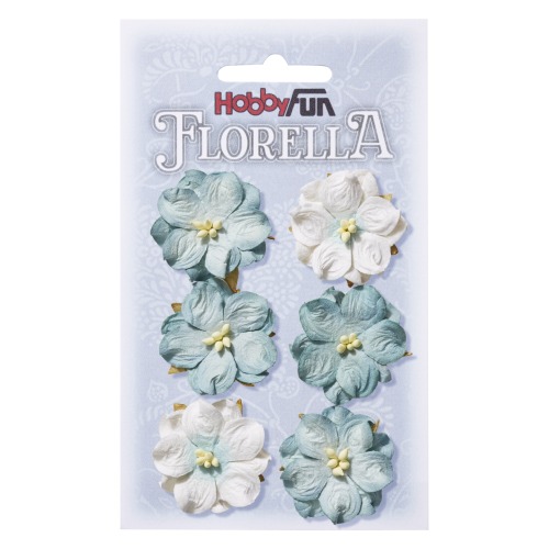 6 Florella Blumen handgemacht aus Maulbeerpapier in Hellblau, 35 mm