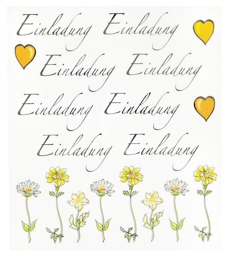 Klebe Sticker Einladung mit Schriftzug, Blumen und Herzen
