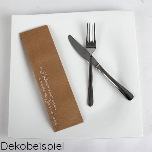 4 Papier Bestecktüten -Wo Liebe den Tisch deckt- in Braun mit weißer Schrift, 25 cm.
