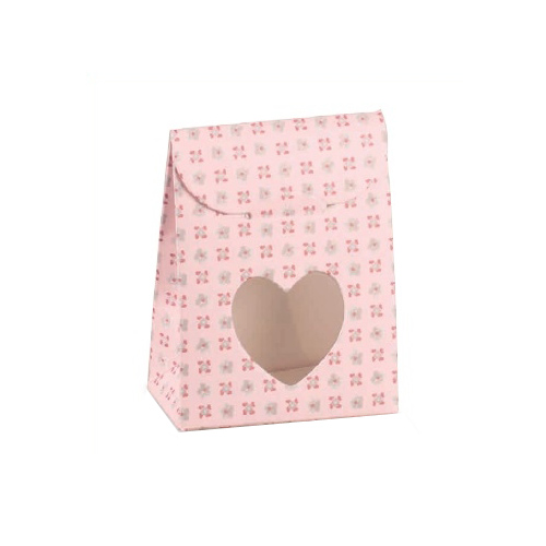 Bonboniere Tasche Taufe mit Blümchen, Herzfenster, in Rosa, 80 mm.