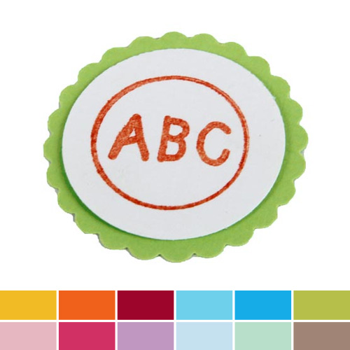 5 Buttons Einschulung, ABC in Hellgrün/Weiß/Orange, 38 mm