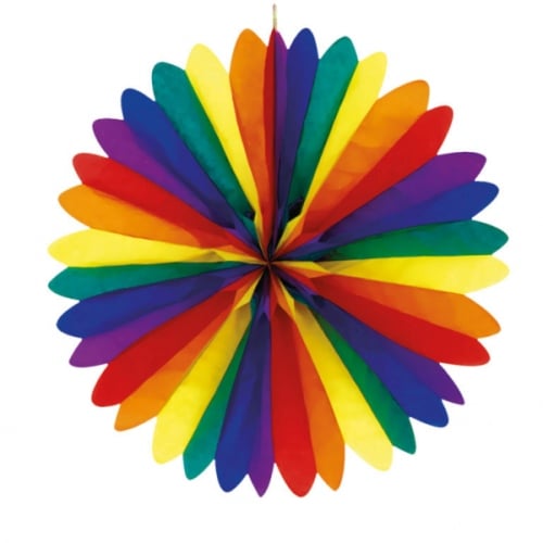 Großer Deko Fächer in Regenbogenfarben, 50 cm Durchmesser.