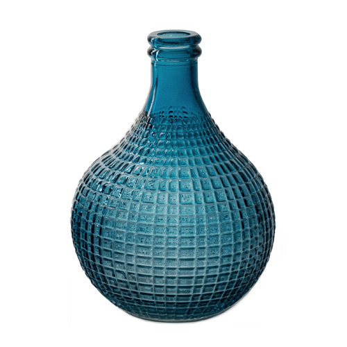 Glas Flaschen Väschen, bauchig, gemustert in Blau, 15 cm.