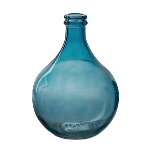 Glas Flaschen Väschen, bauchig, glatt in Blau, 15 cm.
