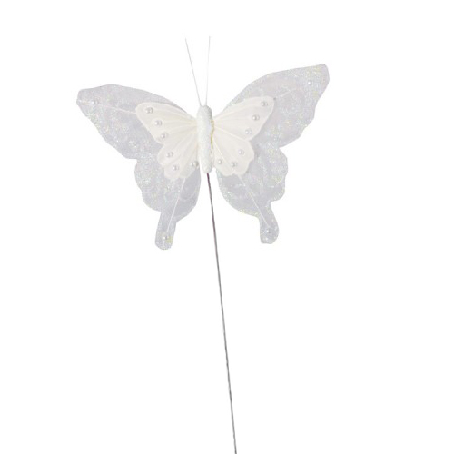 Schmetterling am Draht in Weiß mit Glitzer, 12 cm.