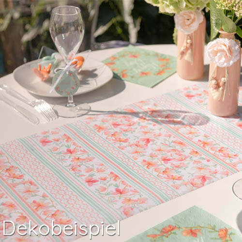 Dekobeispiel für 5 Meter Vlies Tischläufer Blüten und Muster in Apricot/Mintgrün, 30 cm.
