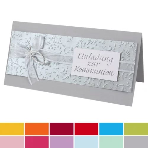 Einladungskarte Kommunion, Christlicher Fisch in verschiedenen Farben kombiniert mit silber und weiß..