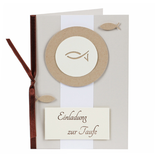 Einladungskarte Taufe, Christliche Fische in Taupe/Creme
