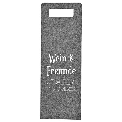 Filz Geschenktasche für Weinflaschen -Wein & Freunde- in Grau meliert, 41 cm.