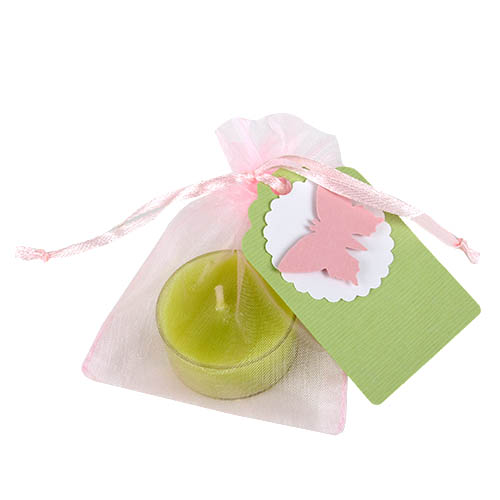 Gastgeschenk Schmetterling, Organzasäckchen in Rosa mit Teelicht in Hellgrün.