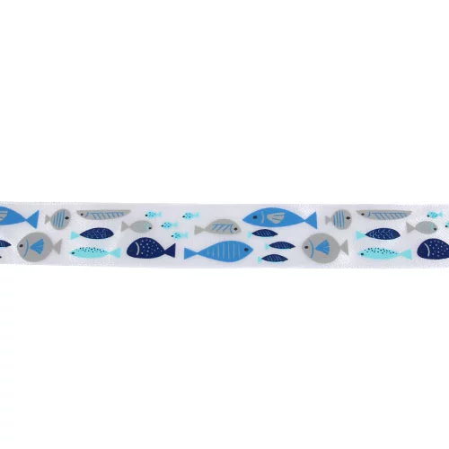 20 Meter Tischband Maritime Fische in Blau/Grau, 25 mm.