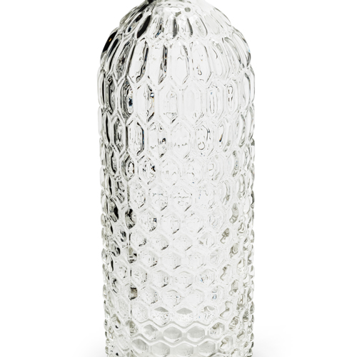 Nahaufnahme von der Glas Flaschen Vase Vintage mit Wabenmuster, klar, 20 cm.