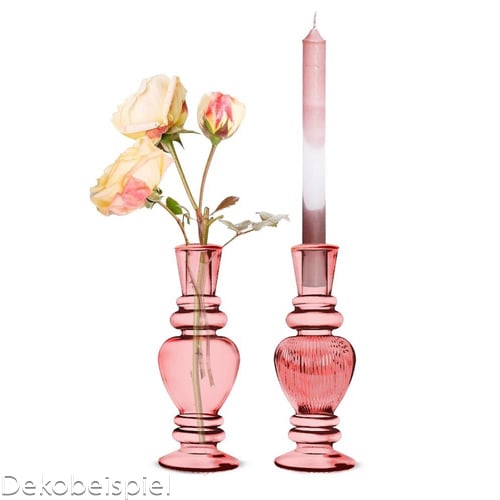 Glas Kerzenständer, Väschen, gestreift in Pink, 12 cm