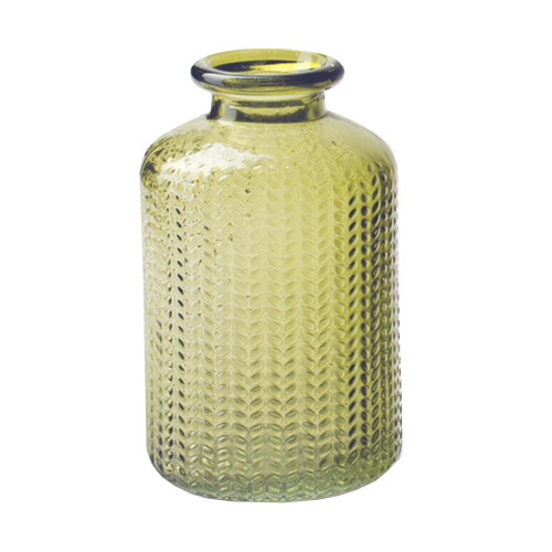 Kleines Glas Flaschen Väschen, gemustert, in Olivgrün, 10 cm