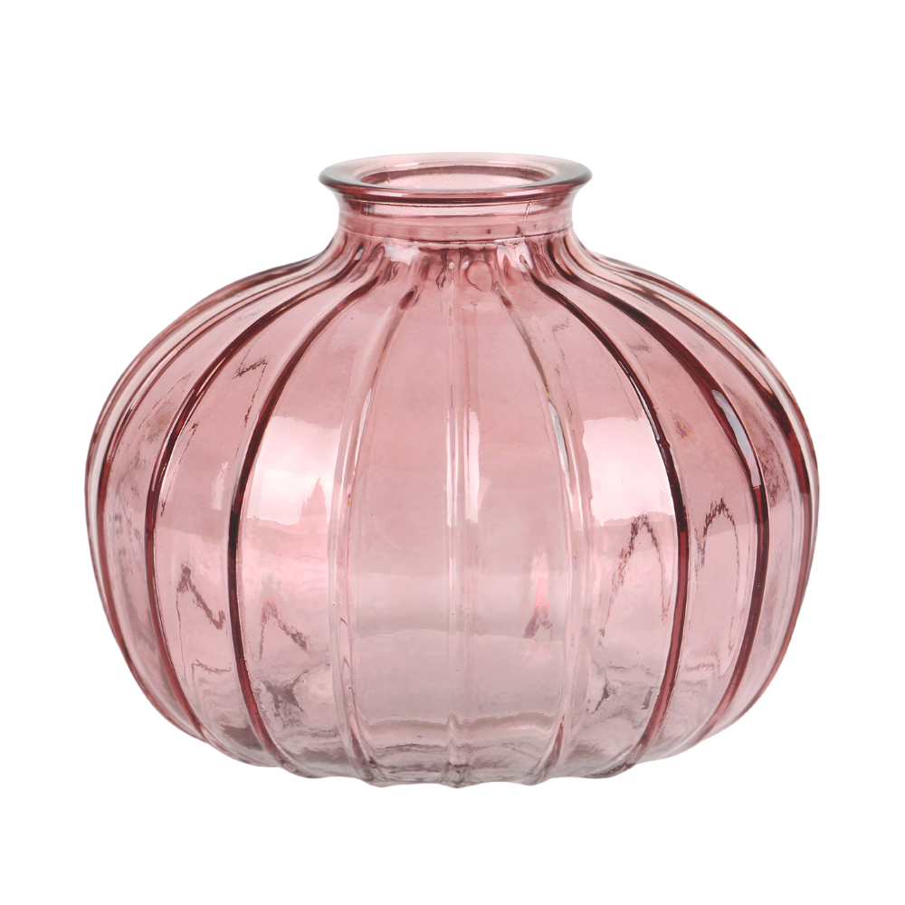 Glas Flaschen Väschen, rund mit Streifen in Altrosa, 10 cm.