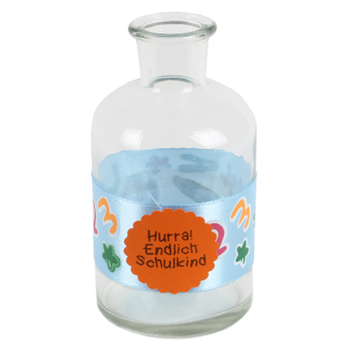 Glas Flaschen Väschen Einschulung, Band, Button in Hellblau/Orange, 12 cm.
