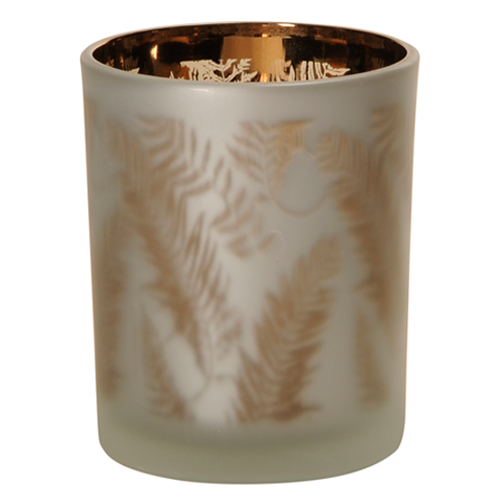 Großes Teelichtglas Blätter in Weiß/Bronze verspiegelt, 12,5 cm.