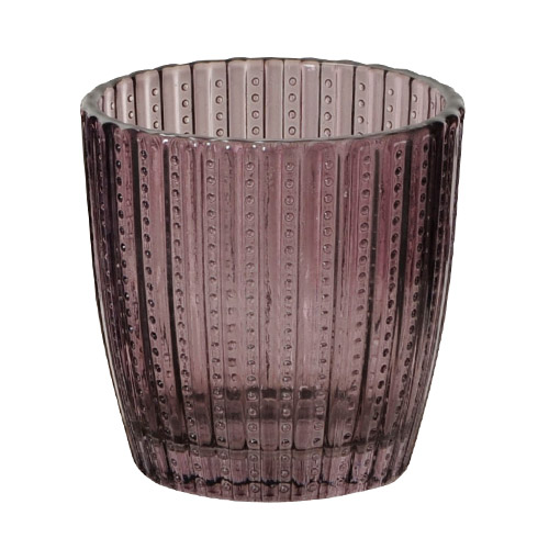 Teelichtglas, konisch, Streifen & Punkte in Aubergine, 75 mm.