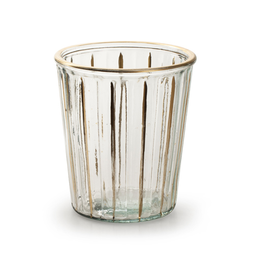 Glas Windlicht, Vase mit Streifen & Rand in Antik-Gold, 13,5 cm.