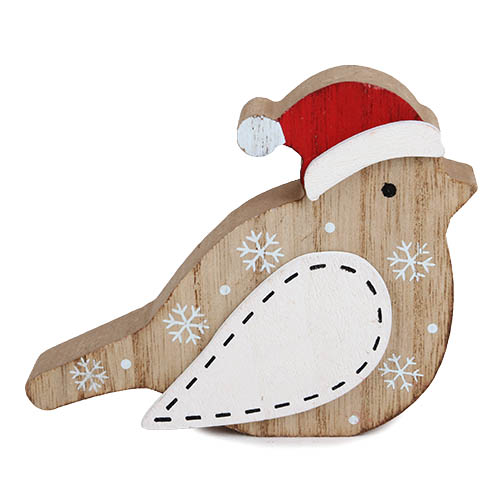 Holz Vogel mit Weihnachtsmütze, 13 cm