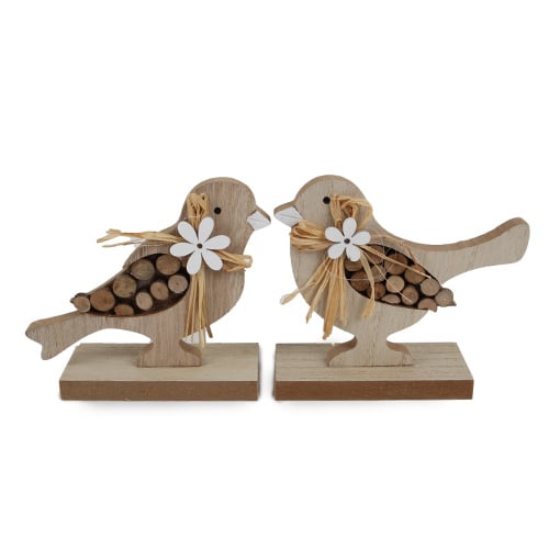 Holz Vogelpaar in Hellbraun/Weiß, 14 cm.