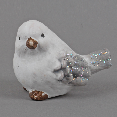 Keramik Winter Vogel in Weiß/Grau mit Glitzer, Nr. 2, 90 mm.