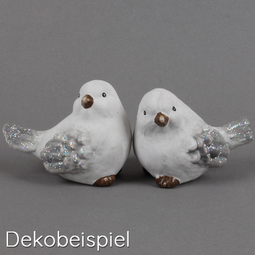 Keramik Winter Vögel in Weiß/Grau mit Glitzer, 90 mm.