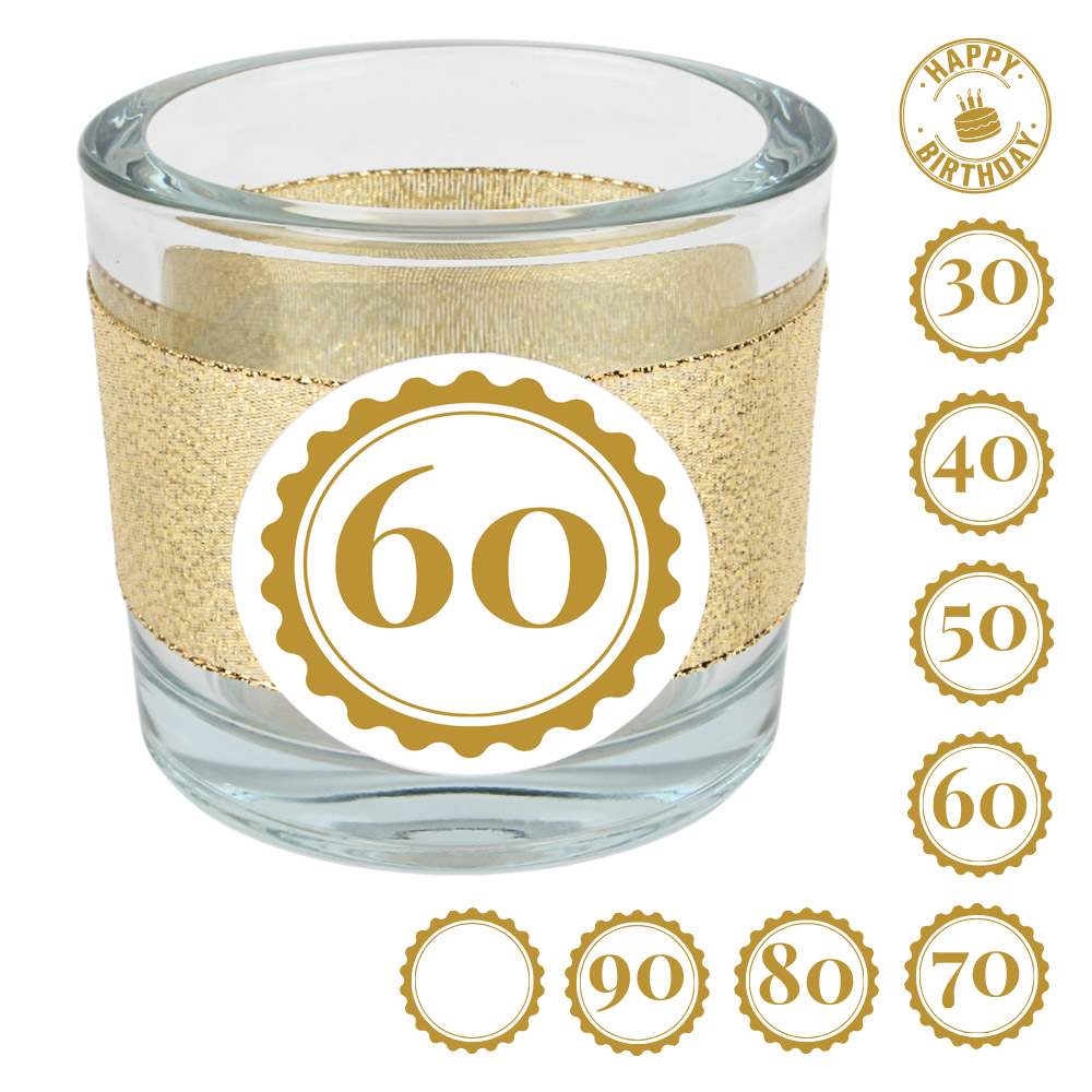 Kerzenglas Geburtstag, Glitzerband in Gold mit auswählbarer Jahreszahl, 80 mm.