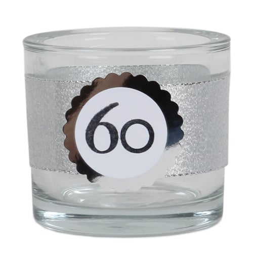 Kerzenglas Geburtstag, Glitzerband in Silber mit auswählbarer Jahreszahl, 65 mm