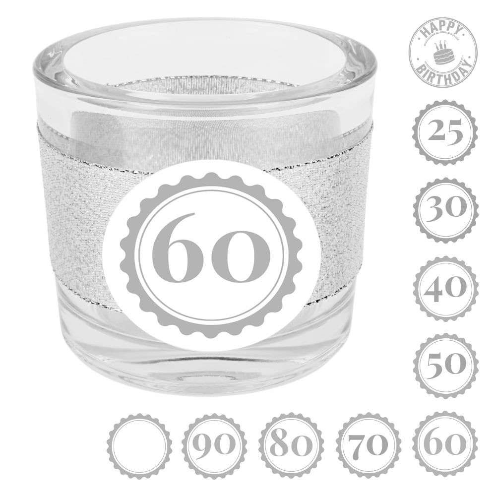 Kerzenglas Geburtstag, Glitzerband in Silber mit auswählbarer Jahreszahl, 80 mm