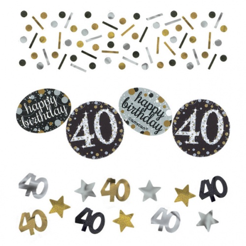 Konfetti Geburtstag, Funkelnde 40 in Schwarz, Gold, Silber, Weiß.