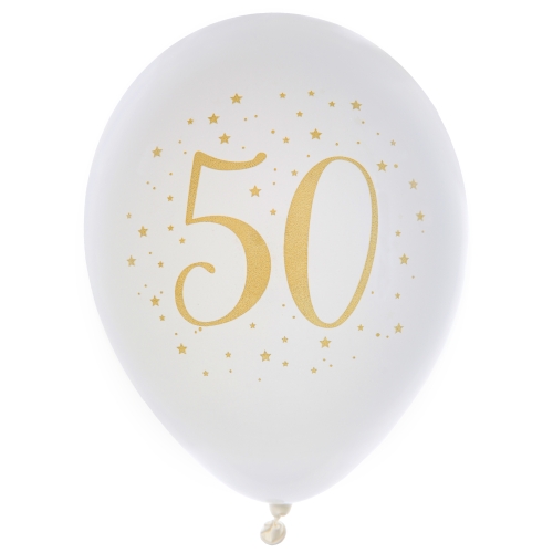 8er Pack Luftballons Geburtstag -50- in Weiß/Gold.