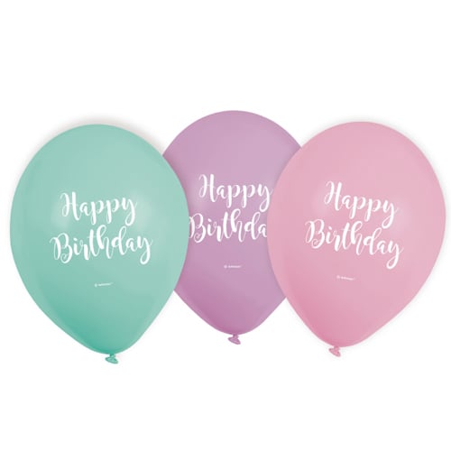 6er Pack Luftballons -Happy Birthday- in Pastellfarben