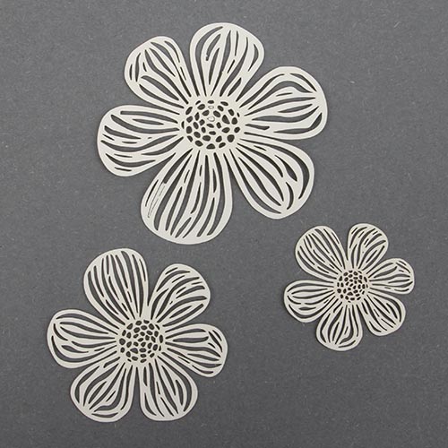 3 Papier Blüten, Laser Cut, für Kartengestaltung, Basteln, 34 - 62 mm.