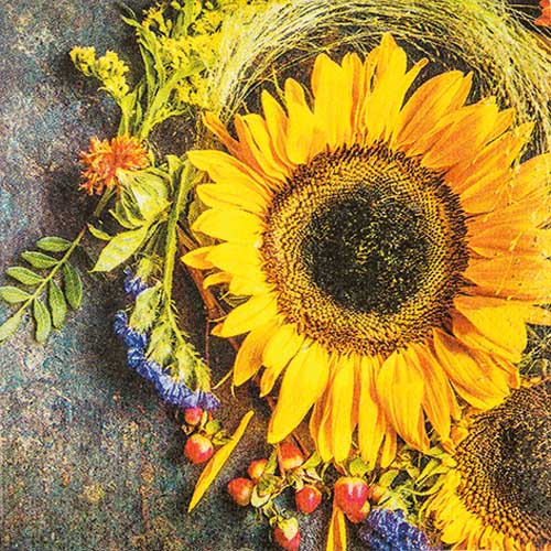 20er Pack Servietten Sonniger Herbstgruß mit Sonnenblume, 33 x 33 cm.