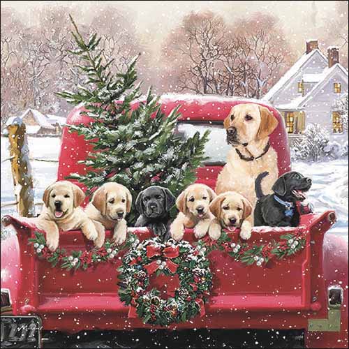 20er Pack Servietten Hundefamilie auf Weihnachtsreise,  33 x 33 cm.