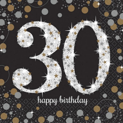 Servietten Funkelnde 30, Happy Birthday, schwarz, gold, silber, weiß.