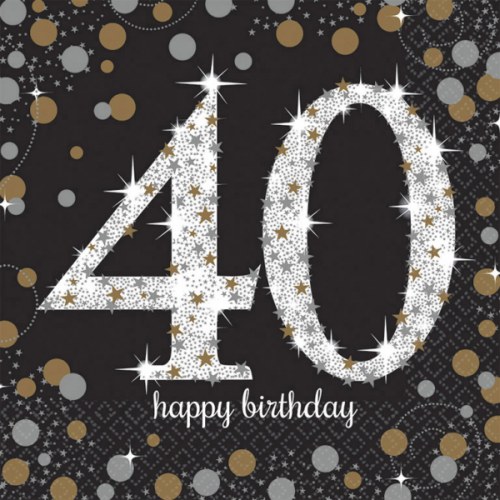 Servietten Funkelnde 40, Happy Birthday, schwarz, gold, silber, weiß.