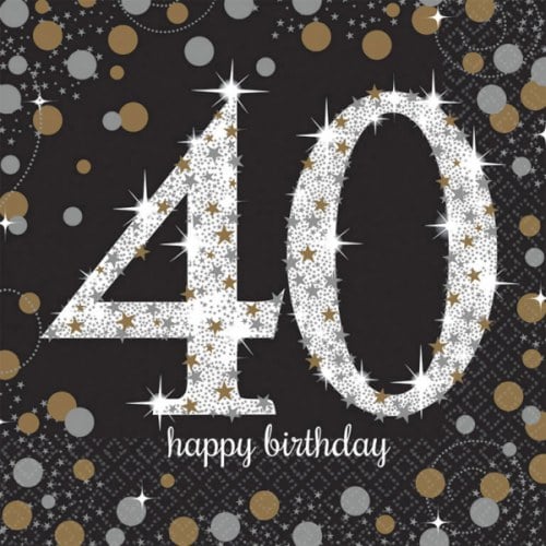 Servietten Funkelnde 40, Happy Birthday, schwarz, gold, silber, weiß.