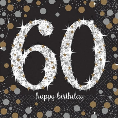 Servietten Funkelnde 60, Happy Birthday, schwarz, gold, silber, weiß.