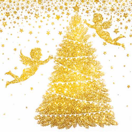 20er Pack Servietten Engel, Weihnachtsbaum, Sterne in Gold, 33 x 33 cm.