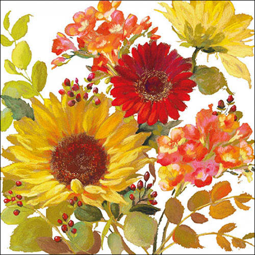 20er Pack Servietten Sonnenblumen, Gerbera und Blätter, 33 x 33 cm.