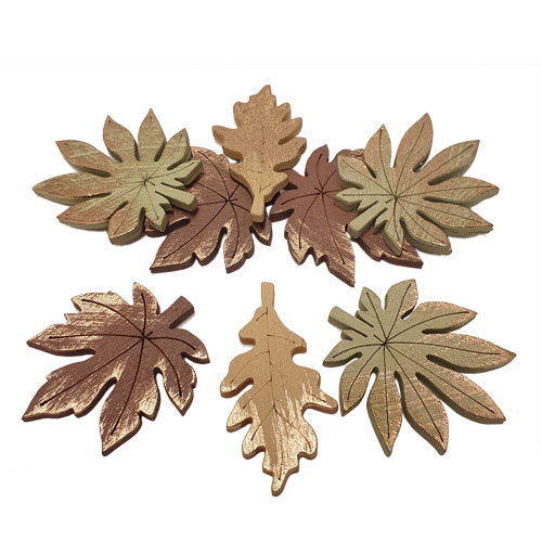 8 Holz Streuteile Herbst Blätter mit Kupferschimmer, 34 - 40 mm.