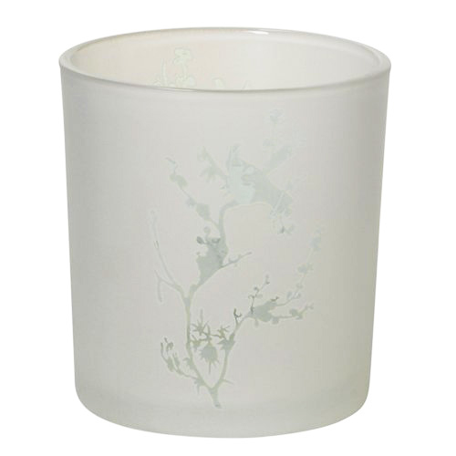Teelichtglas Frühling, Zweig in Weiß matt, 78 mm.