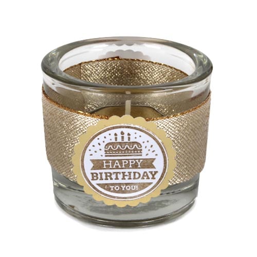 Teelichtglas Geburtstag, Glitzerband in Gold mit auswählbarer Jahreszahl oder Schriftzug Happy Birthday, 65 mm.