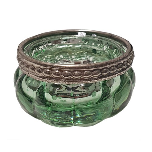 Teelichtglas Vintage mit Metallrand in Grün/Silber verspiegelt, 60 mm.