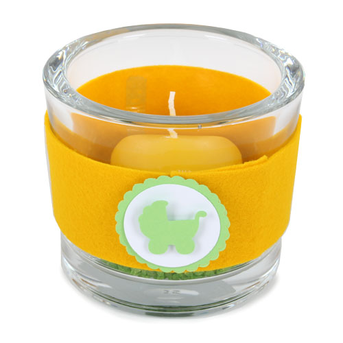 Kerzenglas Taufe mit Band, Button mit Kinderwagen oder Strampler in Gelb/Grün, 80 mm.